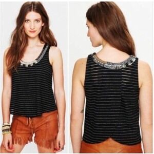 Free People Aztec Louie Split Back‎ Beaded Tank Women's Large Black Boho Dainty